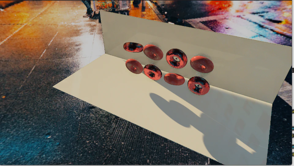 Wider render of red ring-like forms arranged on a plane over a colorful textured environment