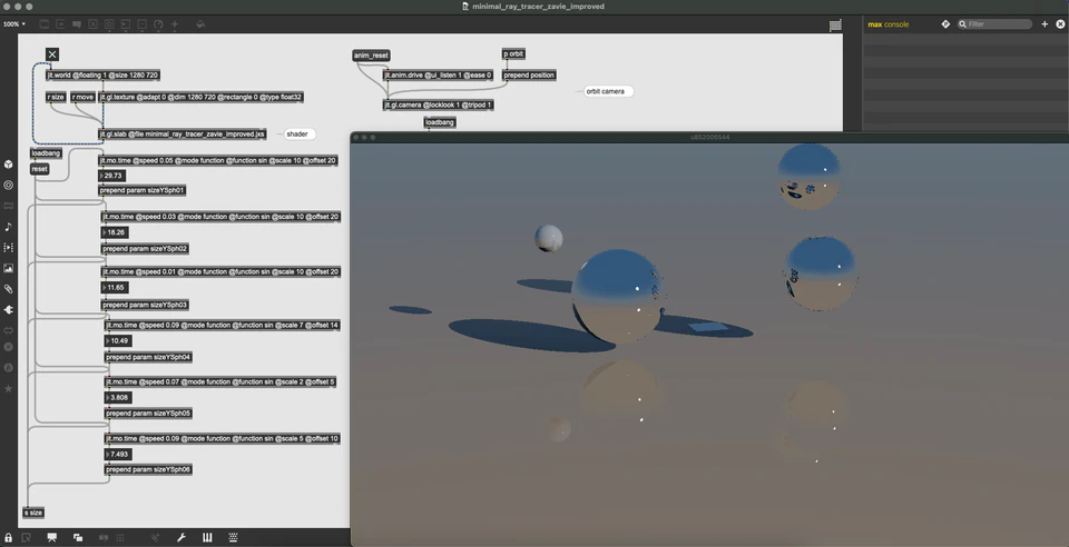 Max ray-tracer view of separated spheres and long shadows on a blue-gray ground plane