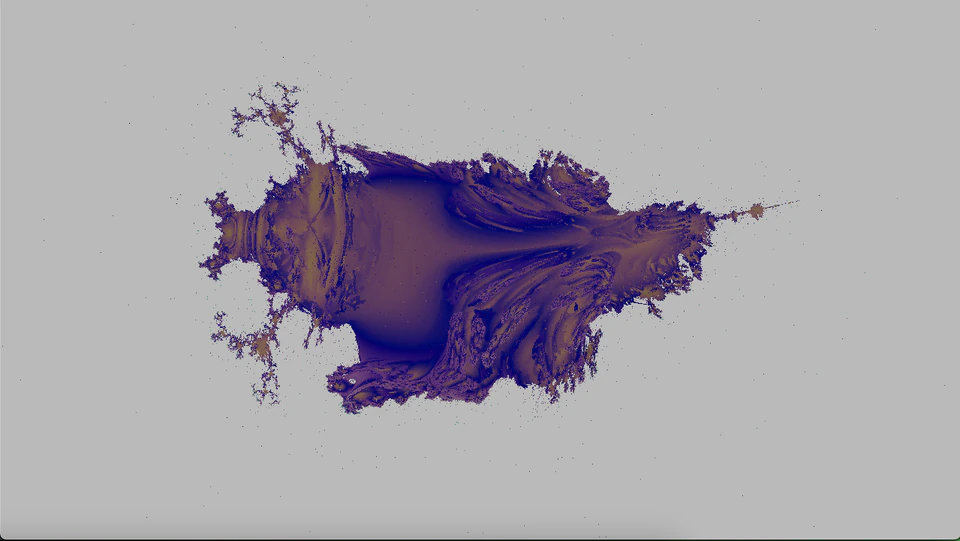 Purple and brown branching organic form stretched horizontally on a gray background