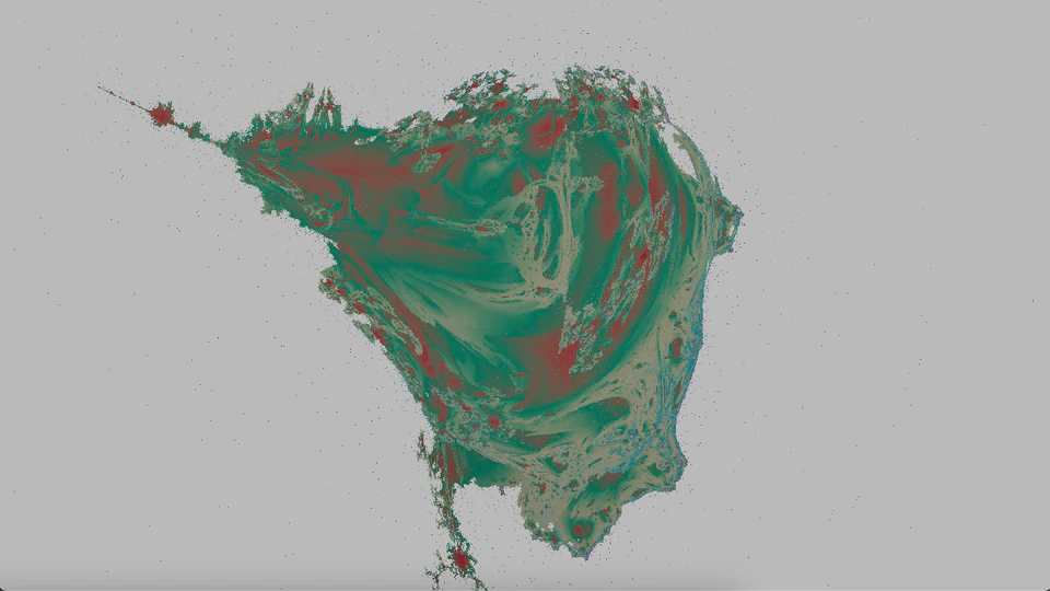 Green and red branching organic form with a curled, textured surface on a gray background