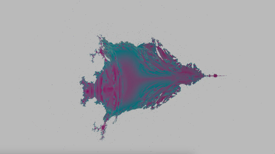 Purple, teal, and red striped organic form extending to a point on a gray background