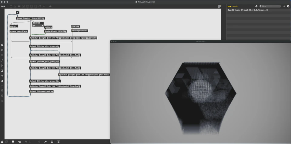 Max hex-glitch render showing a dark faceted hexagonal form with gray internal shapes