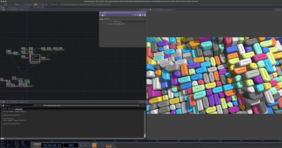 TouchDesigner network beside a dense colorful field of rounded capsule-like forms