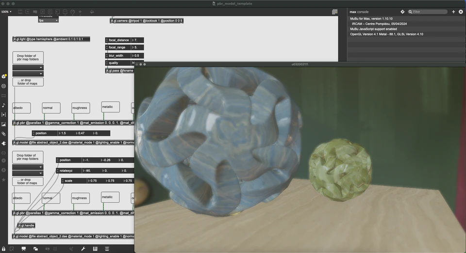 Max PBR model view with a large pale blue faceted object and a smaller green object on a wooden plane