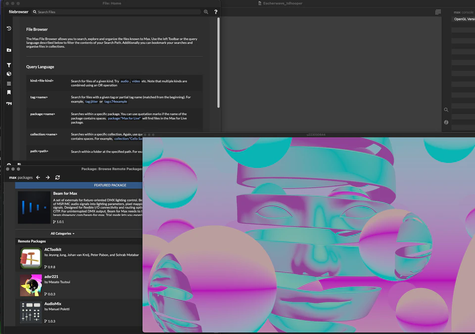 Max file and package browser beside a pastel render of rounded spheres and ribbon-like forms