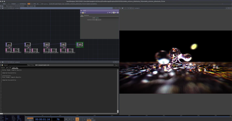 TouchDesigner output showing a dark reflective ground-level scene with bright highlights