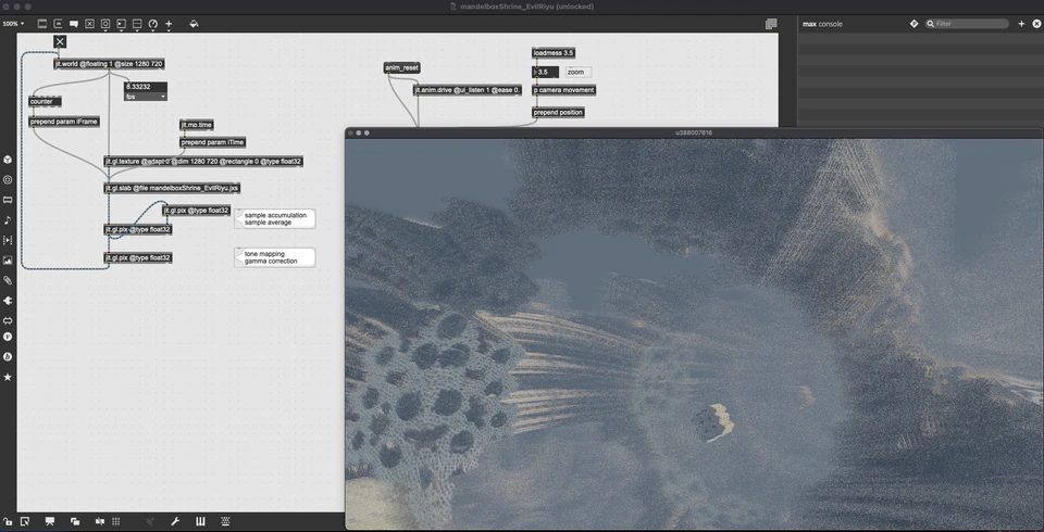TouchDesigner project showing a pale blue-gray branching terrain-like surface