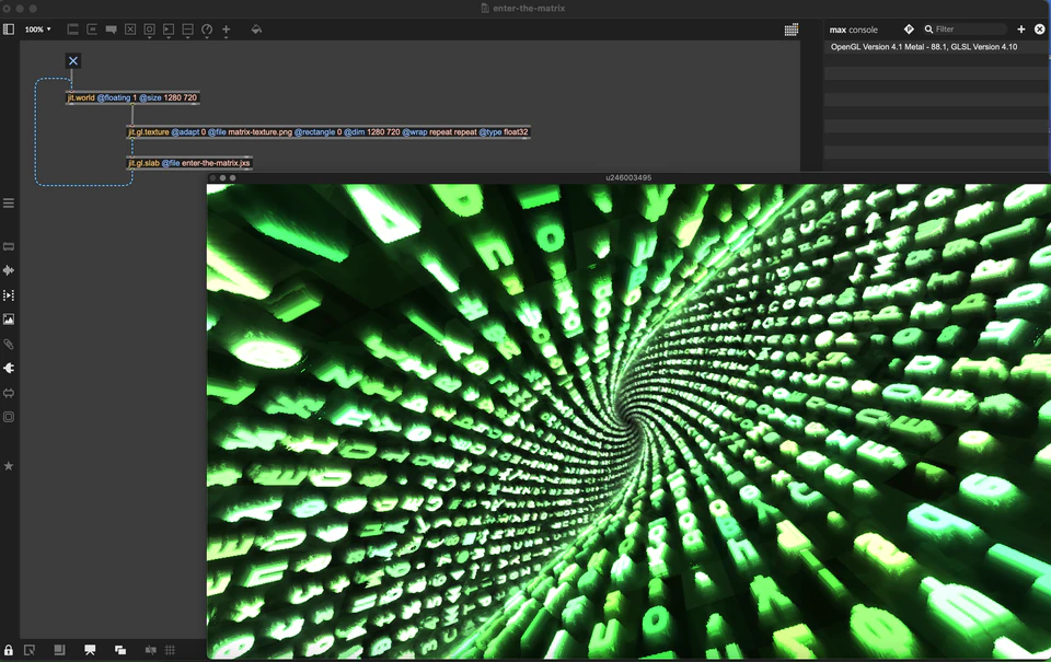 Max Jitter patch showing a glowing green tunnel made from rows of alphanumeric forms