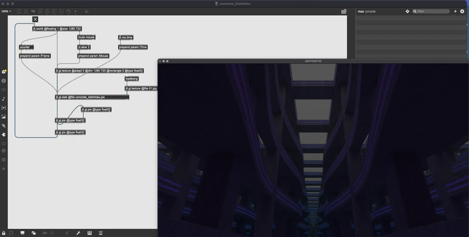 Max Jitter render of a dark symmetrical corridor with purple-edged vertical structures