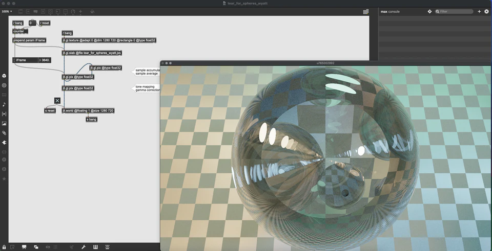 Max Jitter render of a transparent reflective sphere over a pale checkerboard environment